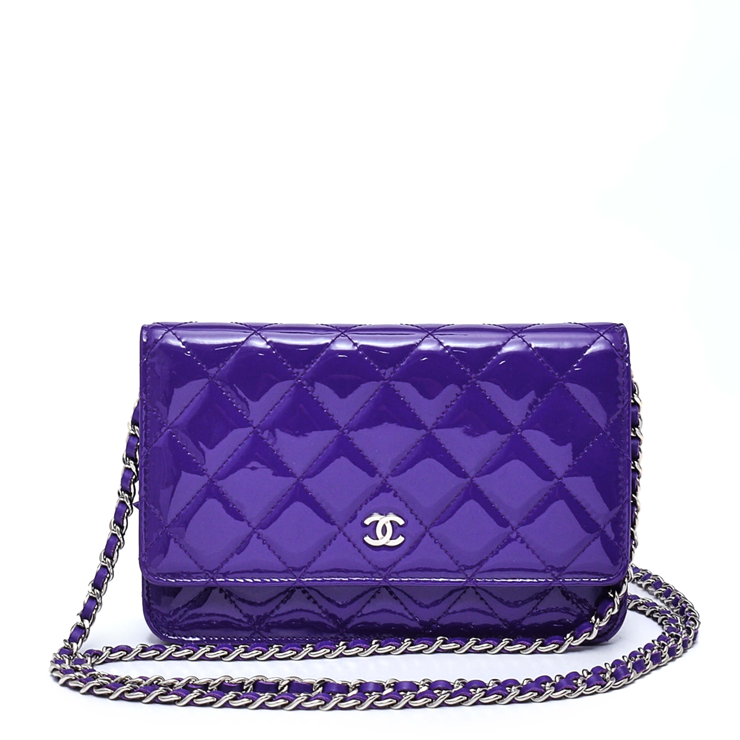 Chanel - Purple Quilted Patent Leather Wallet on Chain WOC Bag